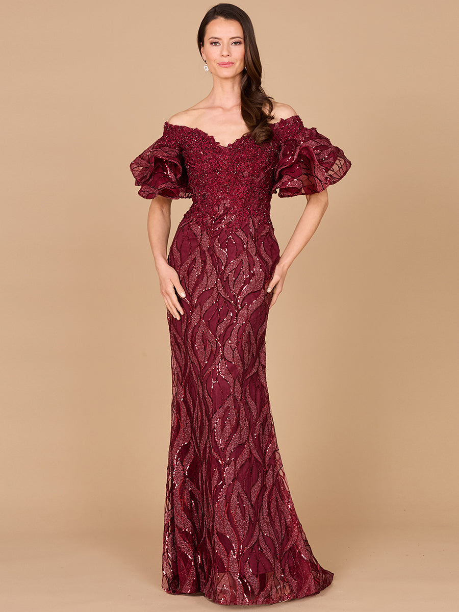Off Shoulder Mermaid Beaded Gown with Tiered Sleeves