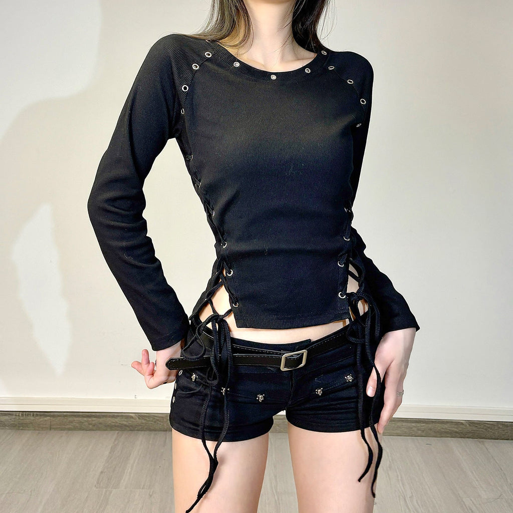 Post-apocalyptic Dark-style Crew-neck Long Sleeves With Eyelet Drawstrings And Lace-up Detailing