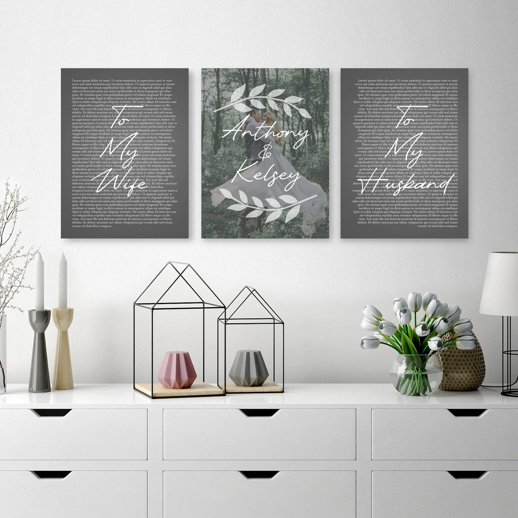 Personalized 3 Panel Wedding Vows Canvas with Names, Ivy and Photo