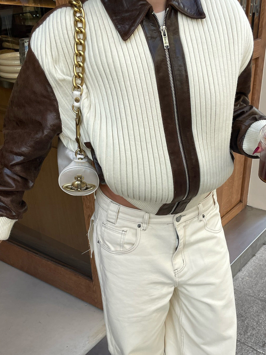 Fashionable Chic Knit-and-leather Patchwork Jacket